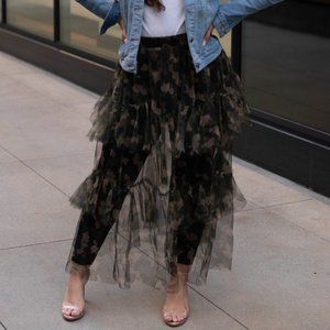 Camo/Army Print Sheer Mesh Tiered Skirt